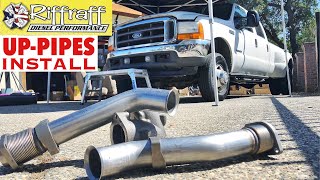 2001 F350 73  RiffRaff UpPipes Install  Stock up pipes leaking and falling apart JUNK SP [upl. by Anaeco]