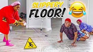 SLIPPERY FLOOR PRANK EXTREMELY HILARIOUS [upl. by Melan662]